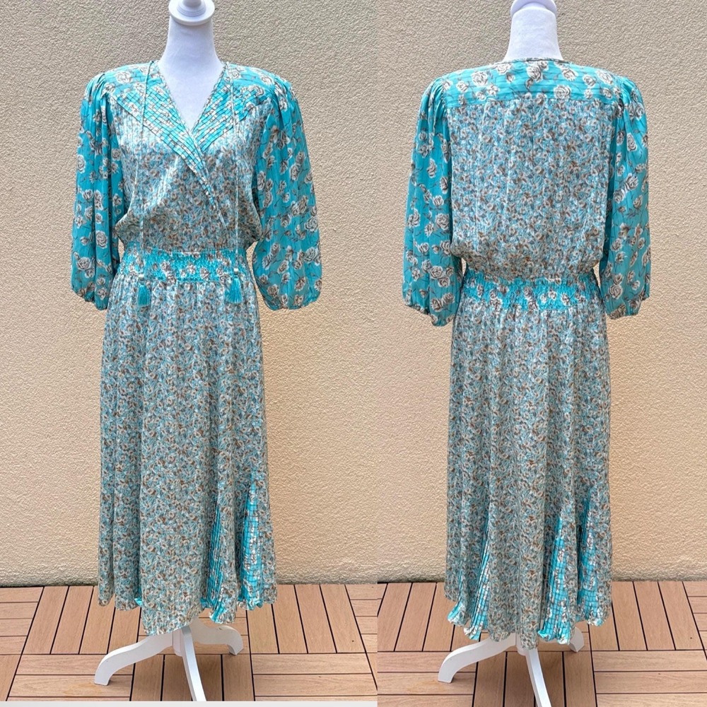 Diane Freis 1980s blue Floral Pleated maxi dress